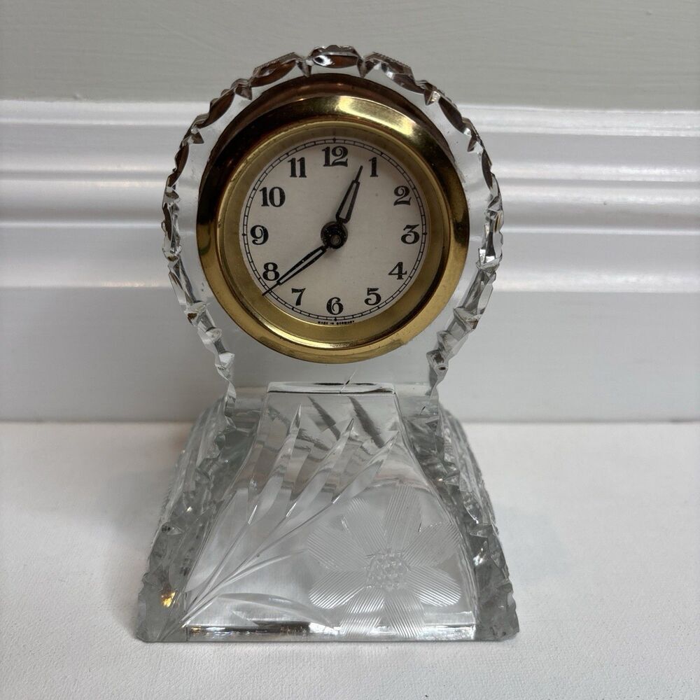Vintage Cut Crystal Small Quartz Desk Clock  Brass Bezel Made In Germany